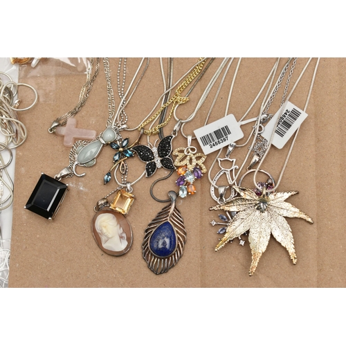 104 - ASSORTED WHITE METAL PENDANTS AND CHAINS, various styles of pendants, some set with semi-precious ge... 