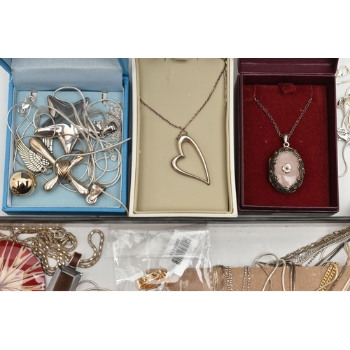 104 - ASSORTED WHITE METAL PENDANTS AND CHAINS, various styles of pendants, some set with semi-precious ge... 