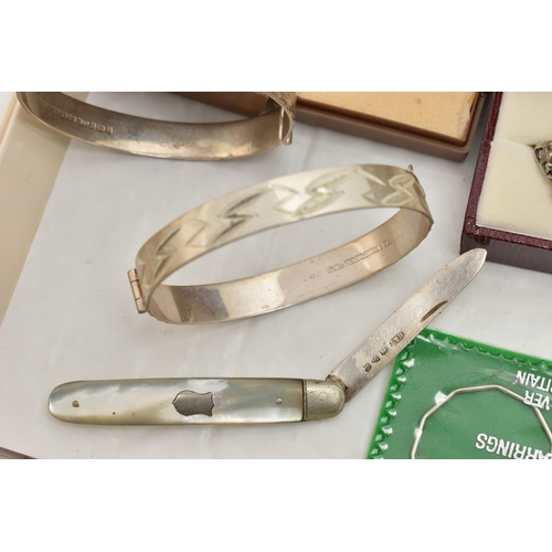 106 - ASSORTED SILVER AND WHITE METAL JEWELLERY, to include two silver hinged bangles, both hallmarked Bir... 