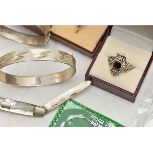 106 - ASSORTED SILVER AND WHITE METAL JEWELLERY, to include two silver hinged bangles, both hallmarked Bir... 