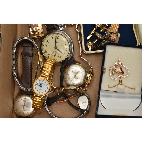 109 - A BOX OF ASSORTED WATCHES AND JEWELLERY, to include an open face 'Smiths Empire' pocket watch and an... 
