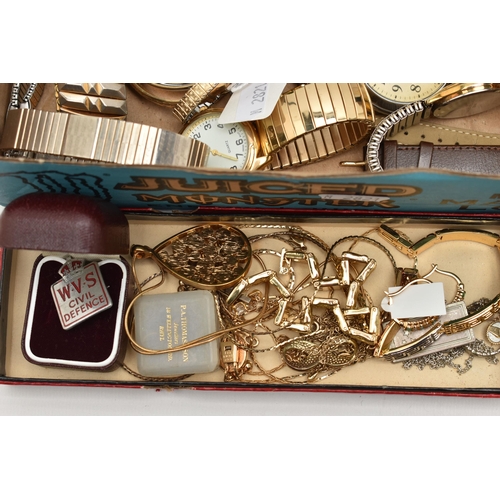 109 - A BOX OF ASSORTED WATCHES AND JEWELLERY, to include an open face 'Smiths Empire' pocket watch and an... 
