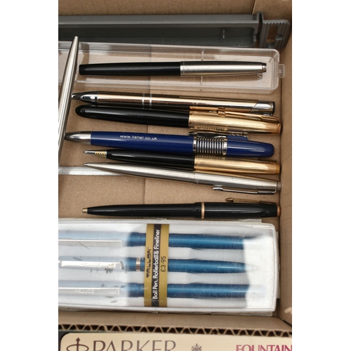 110 - ASSORTED PENS, to include a 'Parker' fountain pen fitted with a 14k nib, three boxed 'Parker' ball p... 