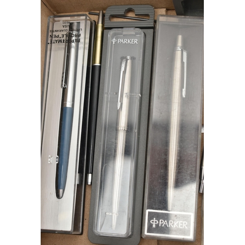 110 - ASSORTED PENS, to include a 'Parker' fountain pen fitted with a 14k nib, three boxed 'Parker' ball p... 
