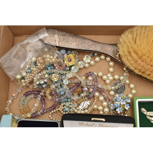 114 - A BOX OF ASSORTED ITEMS, to include a silver hairbrush with pink enamel detail, hallmarked Birmingha... 