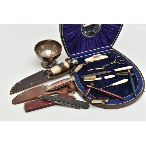 121 - A SILVER BONBON DISH, TWO HUNTING KNIVES AND OTHER ITEMS, bonbon dish on a raised stand, hallmarked ... 