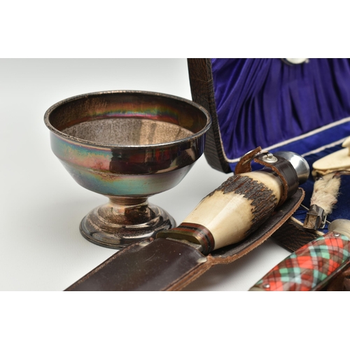 121 - A SILVER BONBON DISH, TWO HUNTING KNIVES AND OTHER ITEMS, bonbon dish on a raised stand, hallmarked ... 