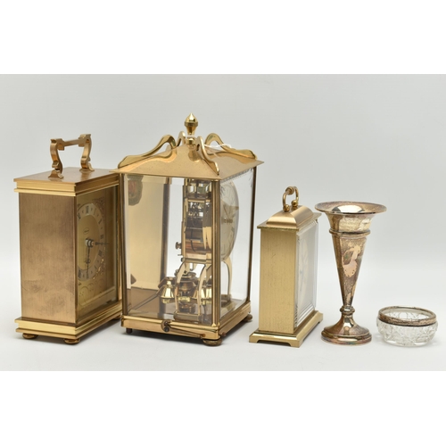 124 - A SILVER POSY VASE, SALT AND THREE CARRIAGE CLOCKS, tapered polished posy vase on a round weighted b... 