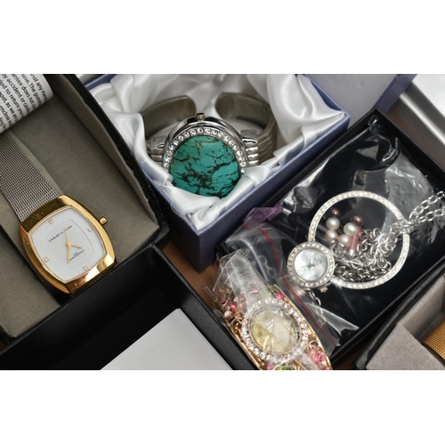 128 - A COLLECTION OF FASHION COSTUME WATCHES, to include a cased Rennie Mackintosh wristwatch, a cased Ra... 