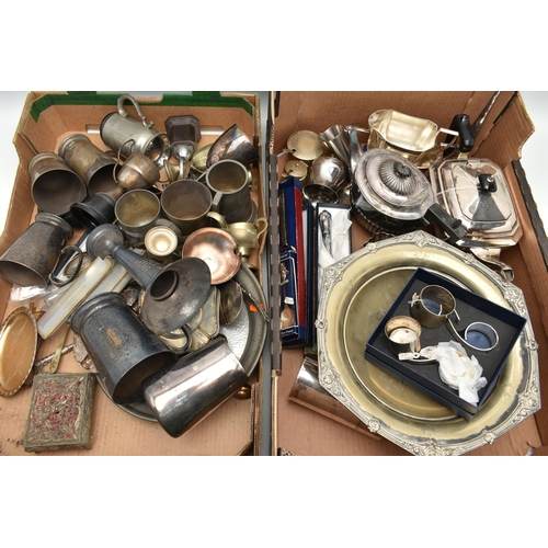 129 - TWO BOXES OF ASSORTED WHITE METAL WARE, to include a three piece EPNS tea set, teapot, condiment pie... 