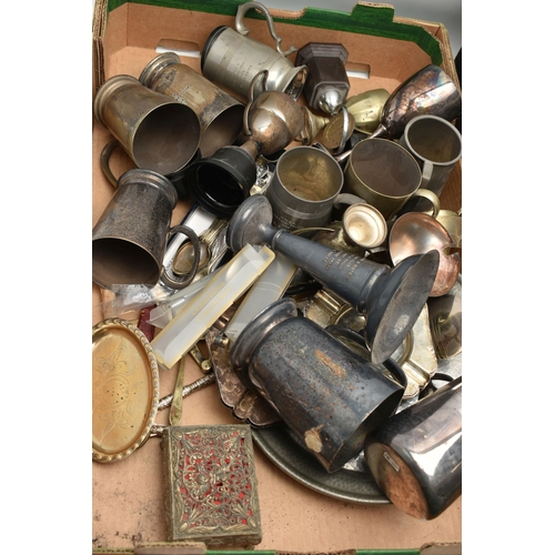 129 - TWO BOXES OF ASSORTED WHITE METAL WARE, to include a three piece EPNS tea set, teapot, condiment pie... 