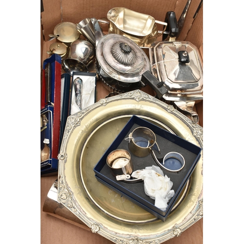 129 - TWO BOXES OF ASSORTED WHITE METAL WARE, to include a three piece EPNS tea set, teapot, condiment pie... 