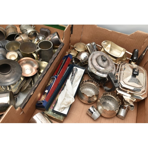 129 - TWO BOXES OF ASSORTED WHITE METAL WARE, to include a three piece EPNS tea set, teapot, condiment pie... 