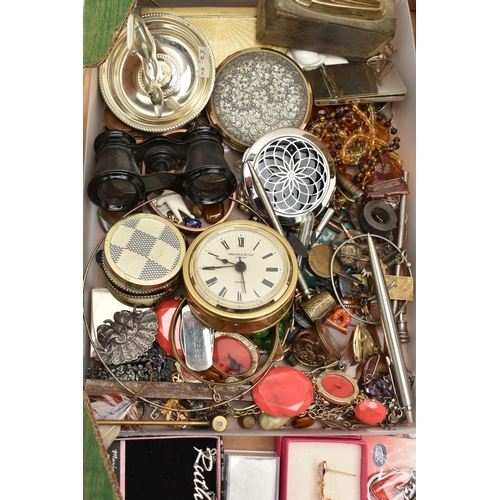 131 - A BOX OF ASSORTED COSTUME JEWELLERY AND ITEMS, to include beaded necklaces, sliced agate pendants, b... 