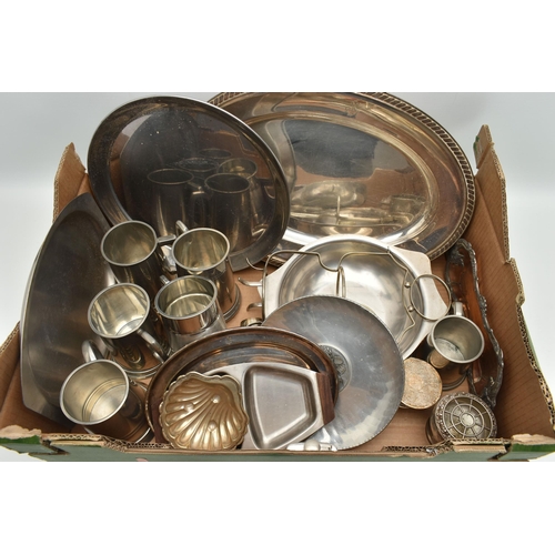 133 - A BOX OF ASSORTED WHITE METAL, to include assorted trays, a small rose bowl, tankards, an inkwell, a... 