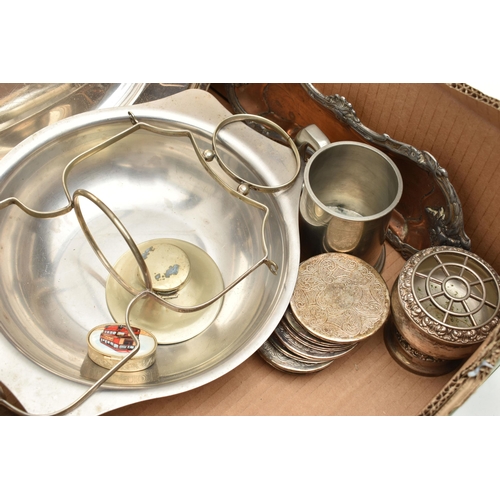 133 - A BOX OF ASSORTED WHITE METAL, to include assorted trays, a small rose bowl, tankards, an inkwell, a... 