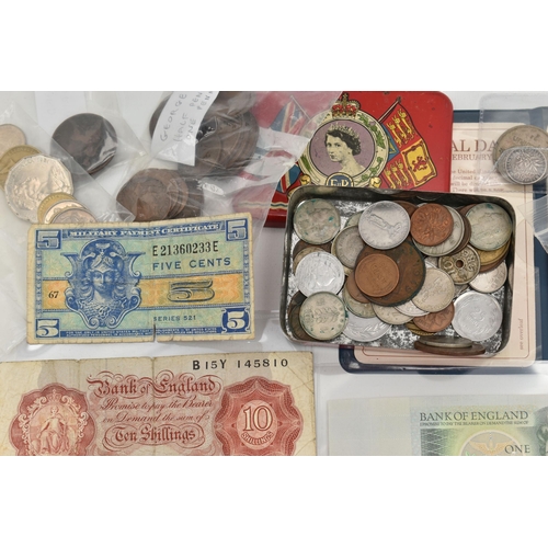 137 - A SHOE BOX CONTAINING A SMALL AMOUNT OF MIXED COINAGE, to include 1955 O'brien soiled Ten Shilling a... 