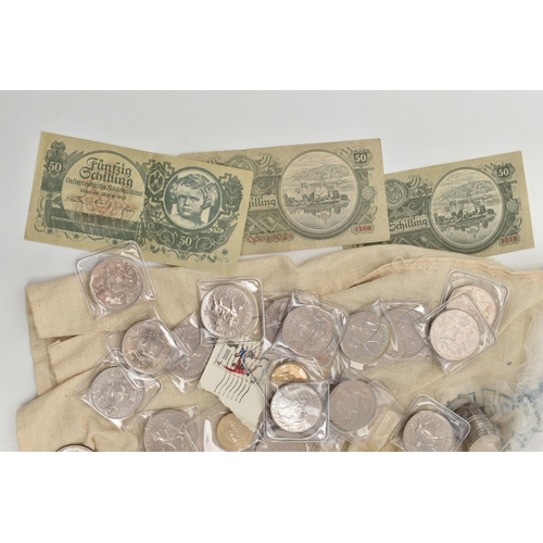 139 - A LARGE CARDBOARD BOX CONTAINING COINS AND COMMEMORATIVES, to include Banknotes Austria 1940s 5x 50 ... 