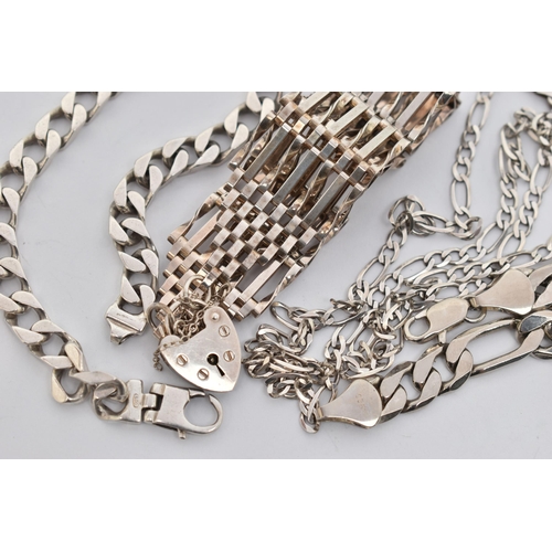 76 - A SMALL ASSORTMENT OF SILVER AND WHITE METAL JEWELLERY, to include a wide silver gate bracelet, fitt... 