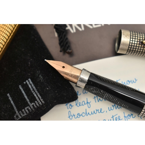 78 - A 'DUNHILL' LIGHTER AND A 'PARKER' FOUNTAIN PEN, gold plated engine turned pattern lighter, signed t... 