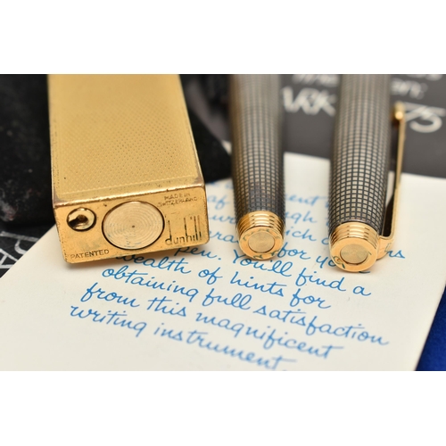 78 - A 'DUNHILL' LIGHTER AND A 'PARKER' FOUNTAIN PEN, gold plated engine turned pattern lighter, signed t... 