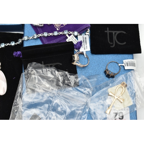79 - A SELECTION OF SILVER AND WHITE METAL JEWELLERY, to include a gold plated Ankh pendant stamped 925, ... 