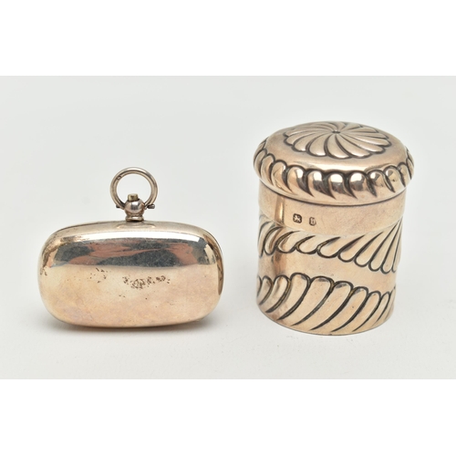 90 - A SILVER JAR AND DOUBLE SOVEREIGN CASE, the jar of cylindrical shape with embossed scalloped pattern... 