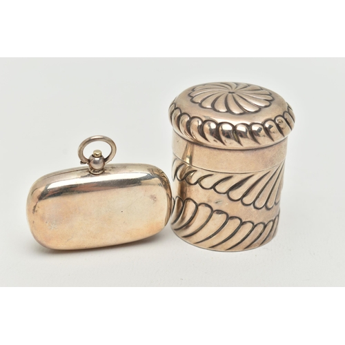 90 - A SILVER JAR AND DOUBLE SOVEREIGN CASE, the jar of cylindrical shape with embossed scalloped pattern... 