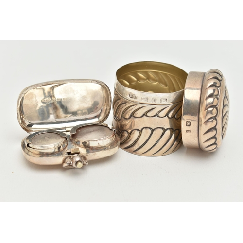 90 - A SILVER JAR AND DOUBLE SOVEREIGN CASE, the jar of cylindrical shape with embossed scalloped pattern... 