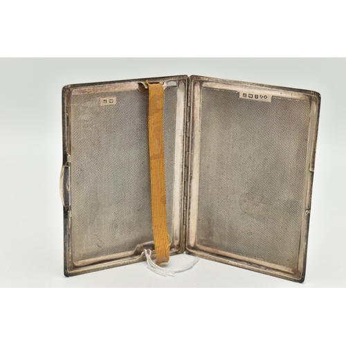 92 - A SILVER CIGRETTE CASE, rectangular form with an engine turned pattern, push button clasp, fitted wi... 