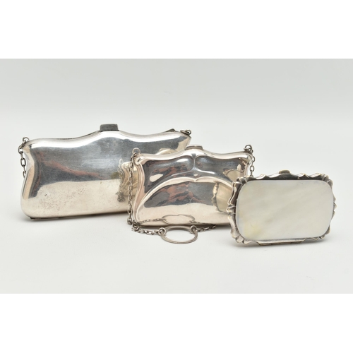 94 - A SILVER COIN PURSE AND TWO OTHERS, an early 20th century silver Art Nouveau pattern purse, hallmark... 