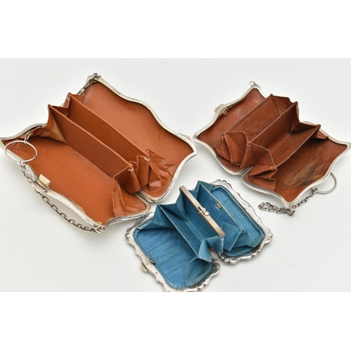 94 - A SILVER COIN PURSE AND TWO OTHERS, an early 20th century silver Art Nouveau pattern purse, hallmark... 