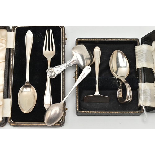99 - A SELECTION OF 19TH AND 20TH CENTURY SILVER TABLE WARE, to include a cased christening set, hallmark... 
