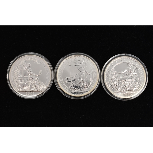 149 - A PACKET OF THREE SILVER COINS, to include Britannia One Ounce Silver Proof 2000, a 2005 Silver one ... 