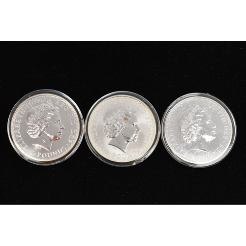 149 - A PACKET OF THREE SILVER COINS, to include Britannia One Ounce Silver Proof 2000, a 2005 Silver one ... 