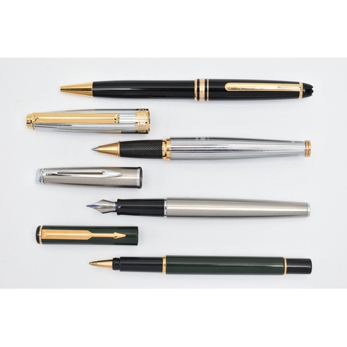 152 - FOUR PENS AND A BRACELET, to include a 'Mont Blanc' ball point pen, with gold coloured collar signed... 