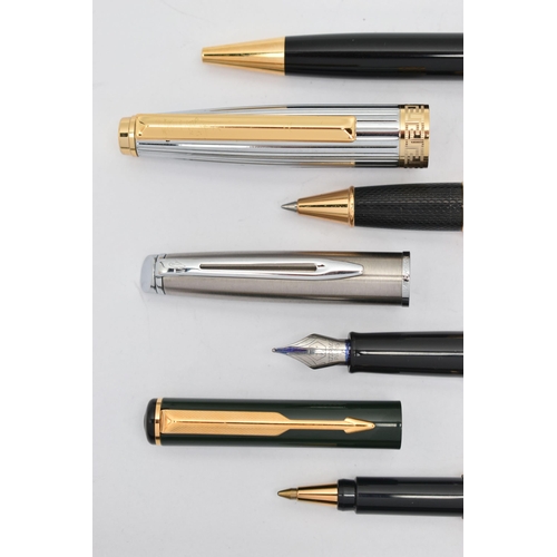 152 - FOUR PENS AND A BRACELET, to include a 'Mont Blanc' ball point pen, with gold coloured collar signed... 