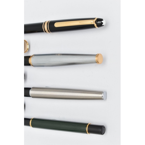 152 - FOUR PENS AND A BRACELET, to include a 'Mont Blanc' ball point pen, with gold coloured collar signed... 