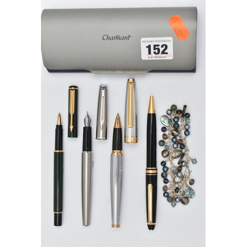 152 - FOUR PENS AND A BRACELET, to include a 'Mont Blanc' ball point pen, with gold coloured collar signed... 