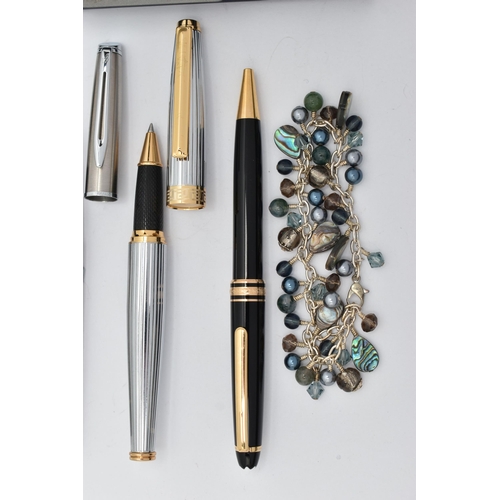 152 - FOUR PENS AND A BRACELET, to include a 'Mont Blanc' ball point pen, with gold coloured collar signed... 