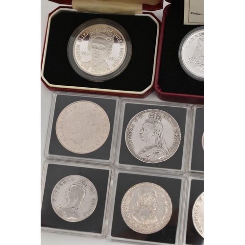 156 - ASSORTED COINS, to include a cased 1890 Victoria Crown coin, a cased 1889 Victoria Crown coin, a cas... 