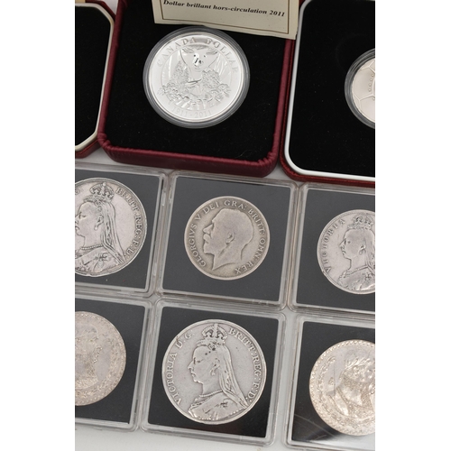 156 - ASSORTED COINS, to include a cased 1890 Victoria Crown coin, a cased 1889 Victoria Crown coin, a cas... 