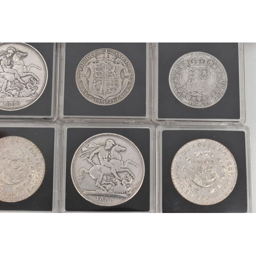 156 - ASSORTED COINS, to include a cased 1890 Victoria Crown coin, a cased 1889 Victoria Crown coin, a cas... 