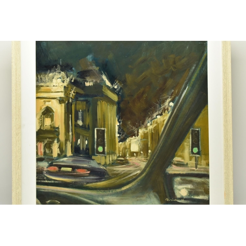 303 - PETER COLLINS (BRITISH 1938-) 'VIEW OF THEATRE ROYAL AT NIGHT', a view from inside a car of the thea... 