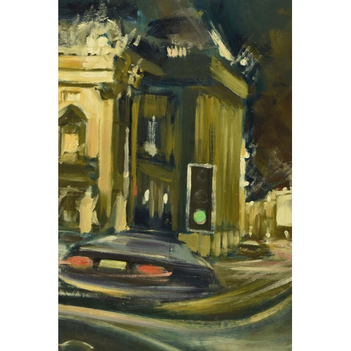 303 - PETER COLLINS (BRITISH 1938-) 'VIEW OF THEATRE ROYAL AT NIGHT', a view from inside a car of the thea... 