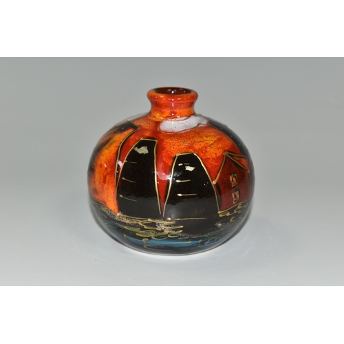 323 - AN ANITA HARRIS ART POTTERY BULBOUS VASE, hand painted black and orange Potteries design, gilt signa... 