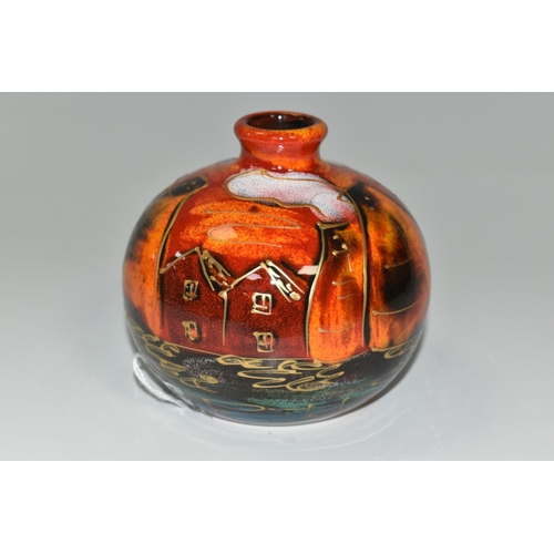 323 - AN ANITA HARRIS ART POTTERY BULBOUS VASE, hand painted black and orange Potteries design, gilt signa... 