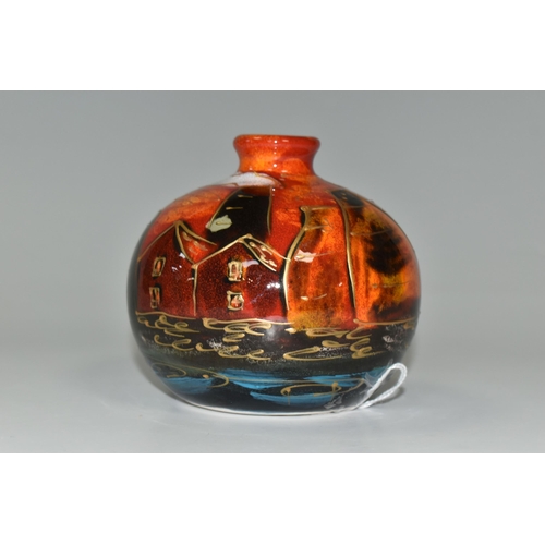 323 - AN ANITA HARRIS ART POTTERY BULBOUS VASE, hand painted black and orange Potteries design, gilt signa... 