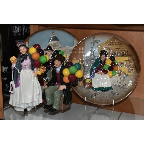 380 - TWO ROYAL DOULTON FIGURES AND TWO CABINET PLATES, figures comprising 'The Balloon Man' HN1954, 'Bidd... 