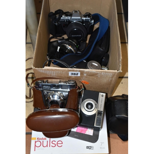 382 - ONE BOX OF VINTAGE CAMERAS, comprising an Isomat- Rapid C camera, an Olympus Om-System lens 1:28 f=2... 